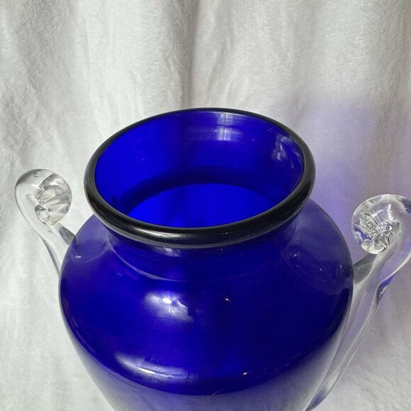 Vintage Cobalt Blue Glass Trophy Vase with Clear Handles 13" - Picture 3 of 10